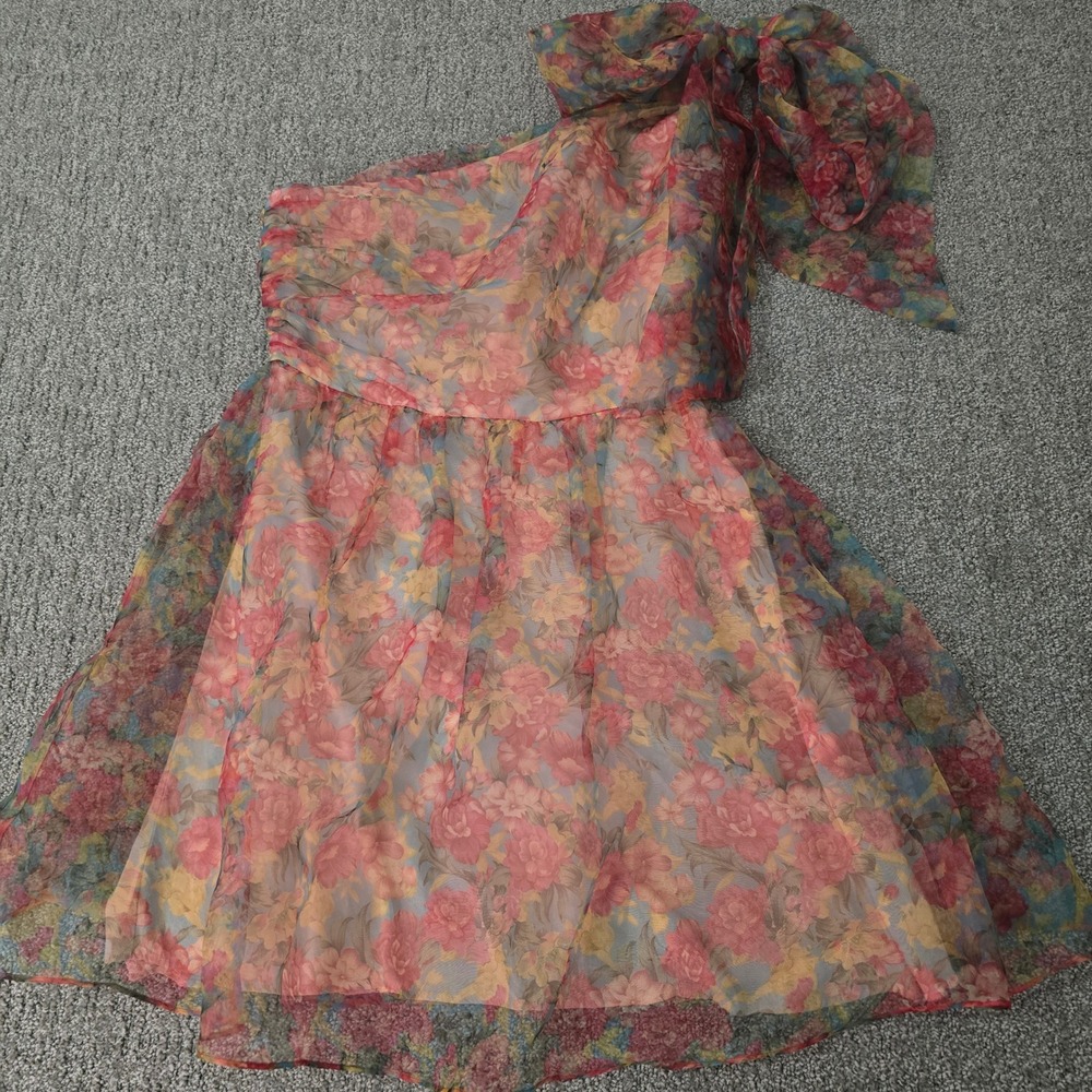 Zara Floral One Shoulder Bow Chiffon Mini Dress Women's M Romantic Party